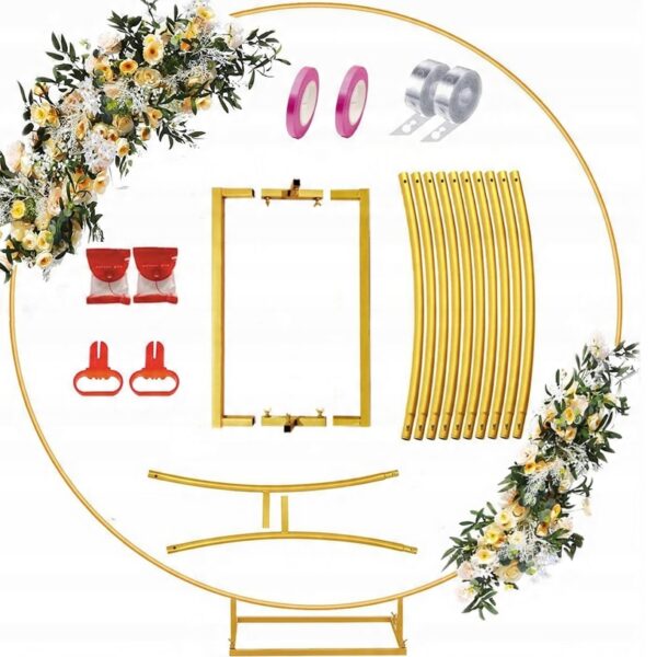 Łuk ślubny złoty ,okrągły, 2 m, stelaż z nóżką, rama z prętami (B885)